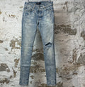 Amiri Knee Rip White Paisley Print Blue Denim Jeans Sz 28