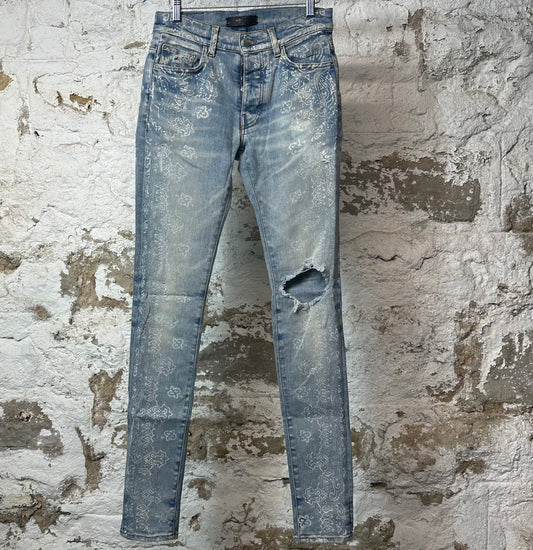 Amiri Knee Rip White Paisley Print Blue Denim Jeans Sz 28