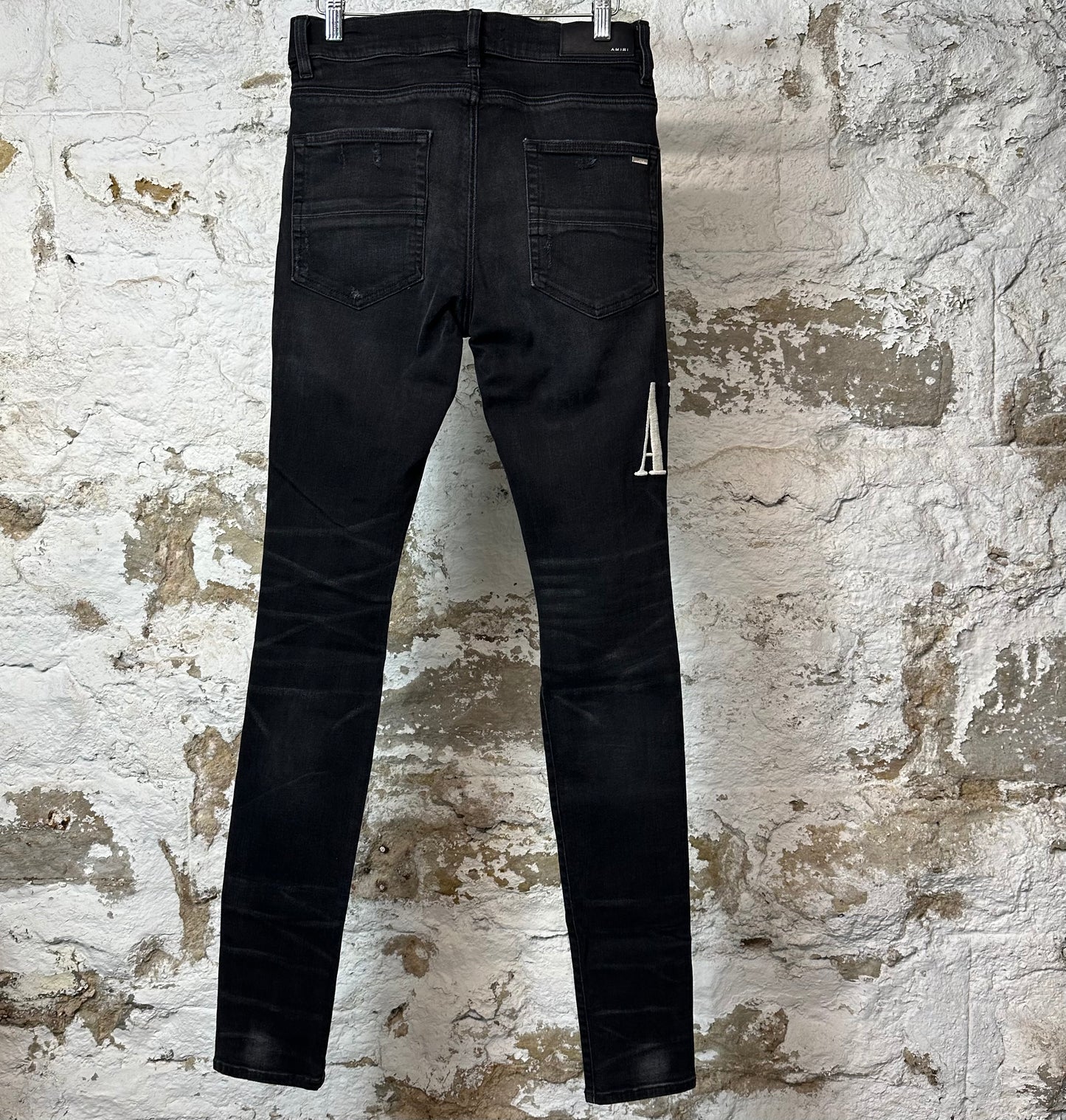 Amiri White Stitch Spell Distressed Black Denim Jeans Sz 30