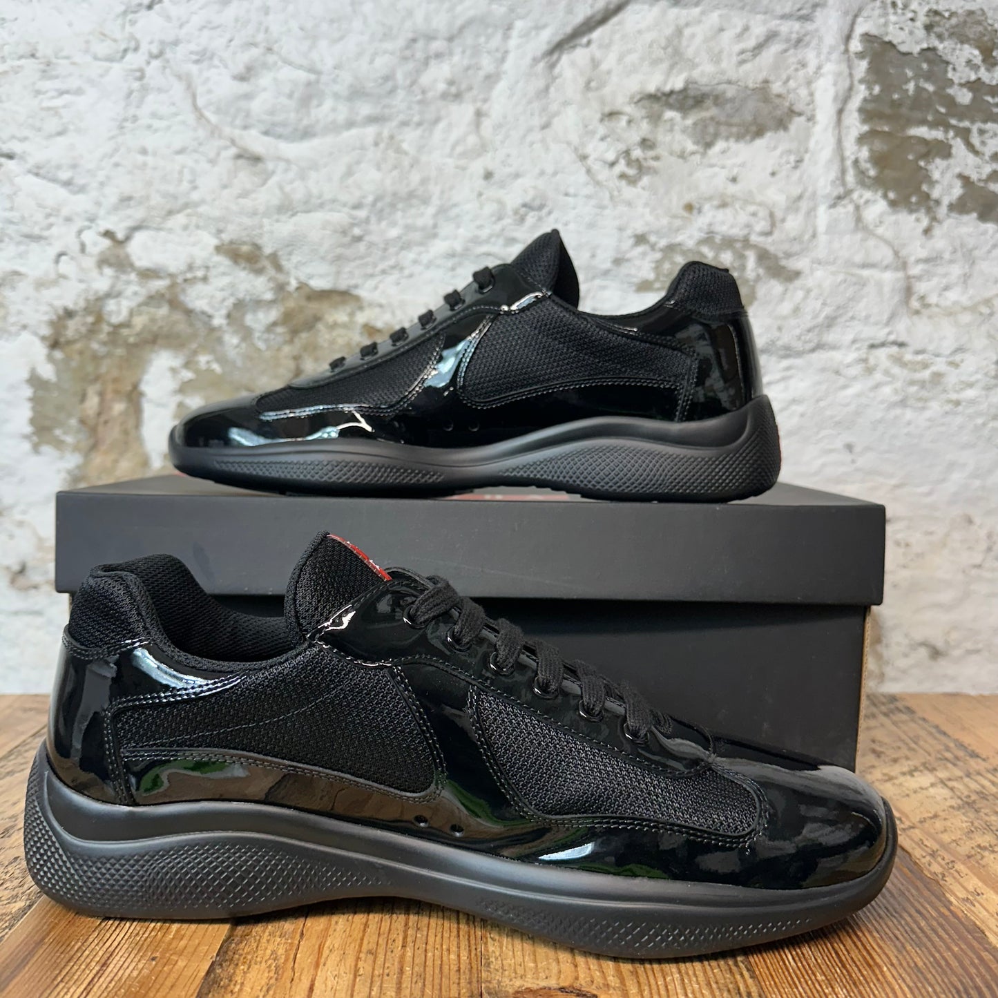 Prada Americas Cup Triple Black Patent Sneaker Sz 10
