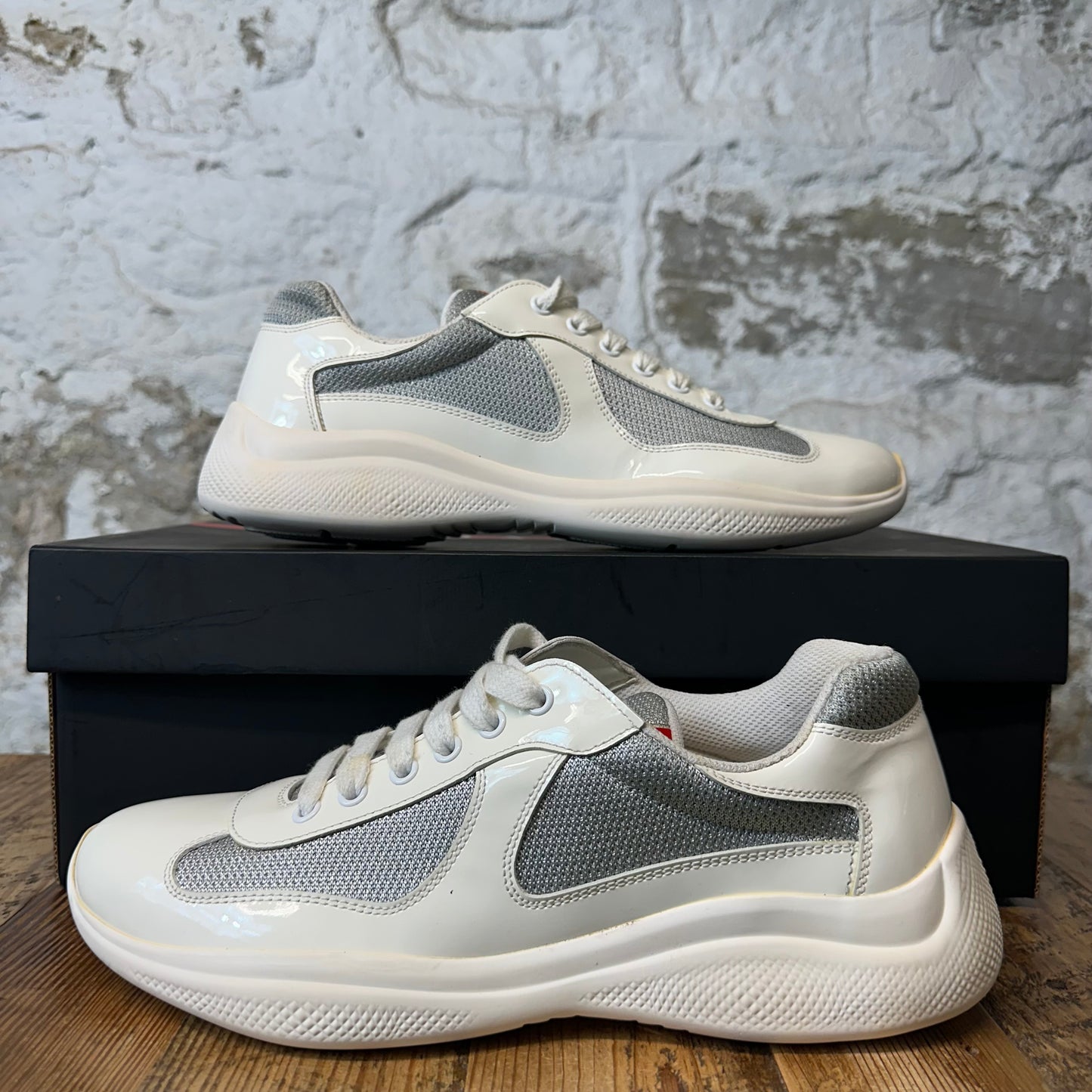 Prada Americas Cup White Patent Grey Sneaker Sz 7