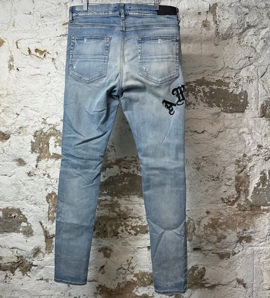 Amiri Old English Spell Blue Denim Jeans Sz 34