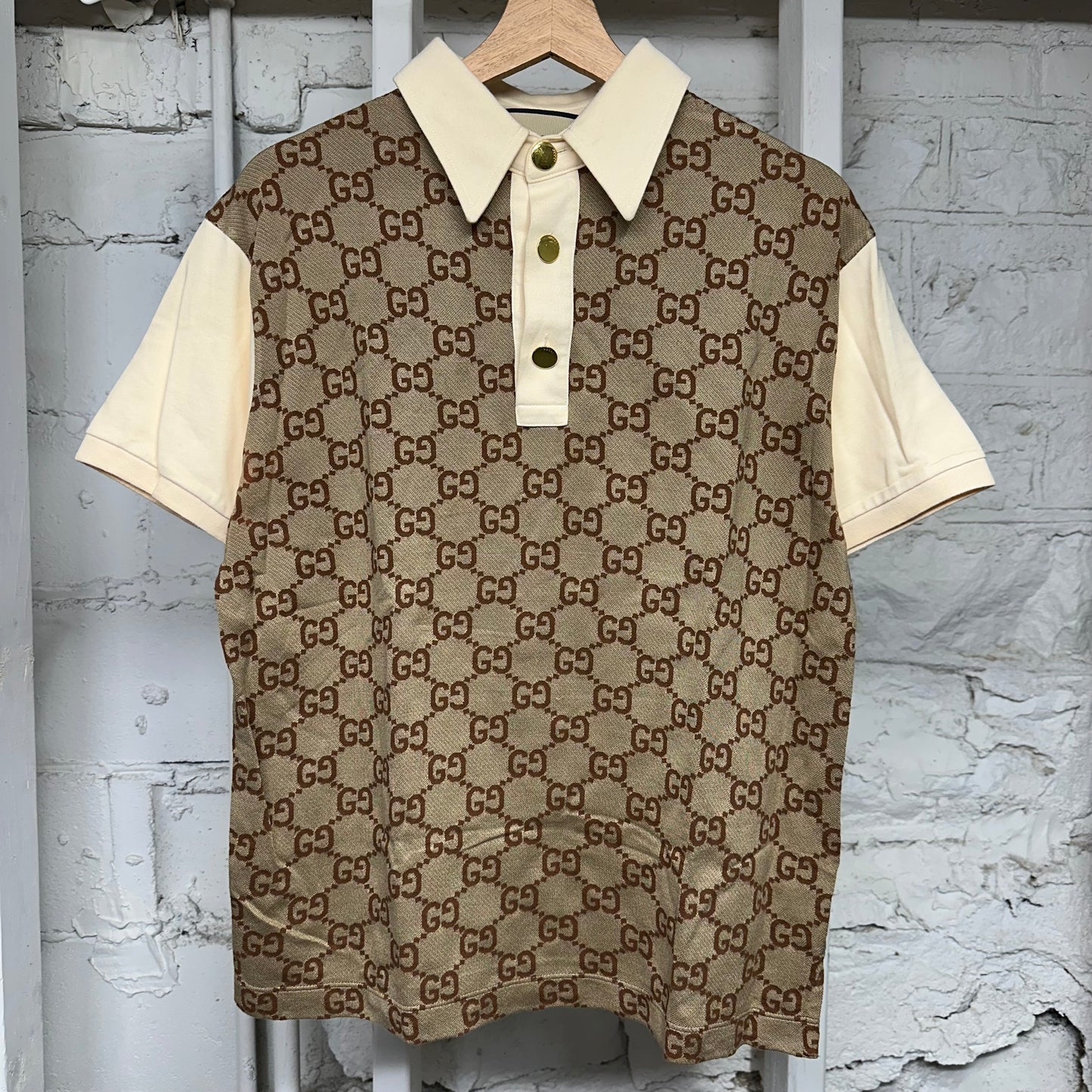 Gucci Beige GG Monogram Cream Polo Shirt Sz M