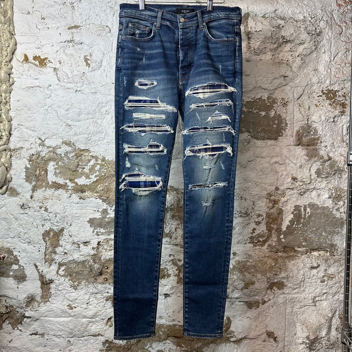 Amiri MX1 Blue Plaid Flannel Dark Blue Denim Jeans Sz 34