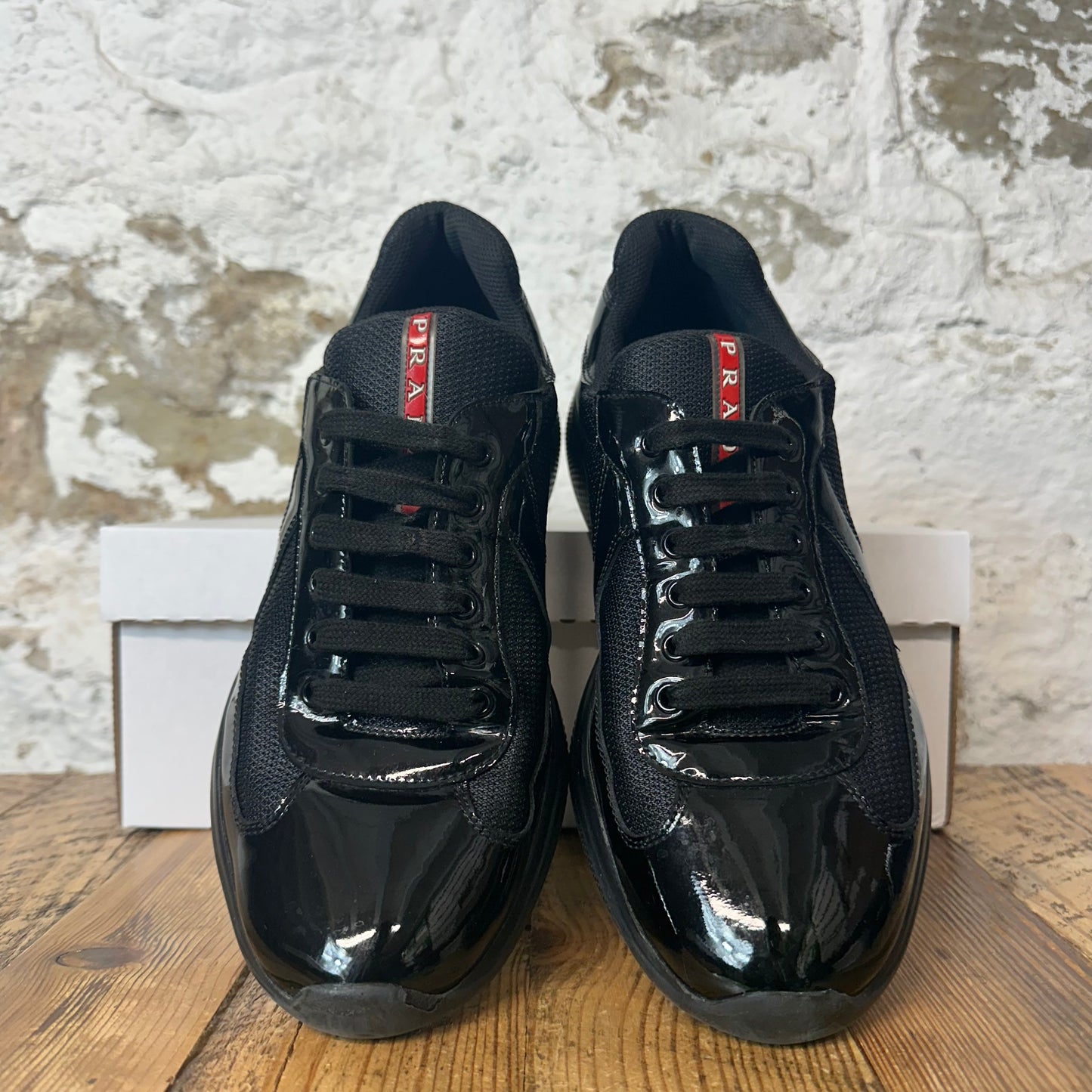 Prada Americas Cup Triple Black Patent Sneaker Sz 8.5