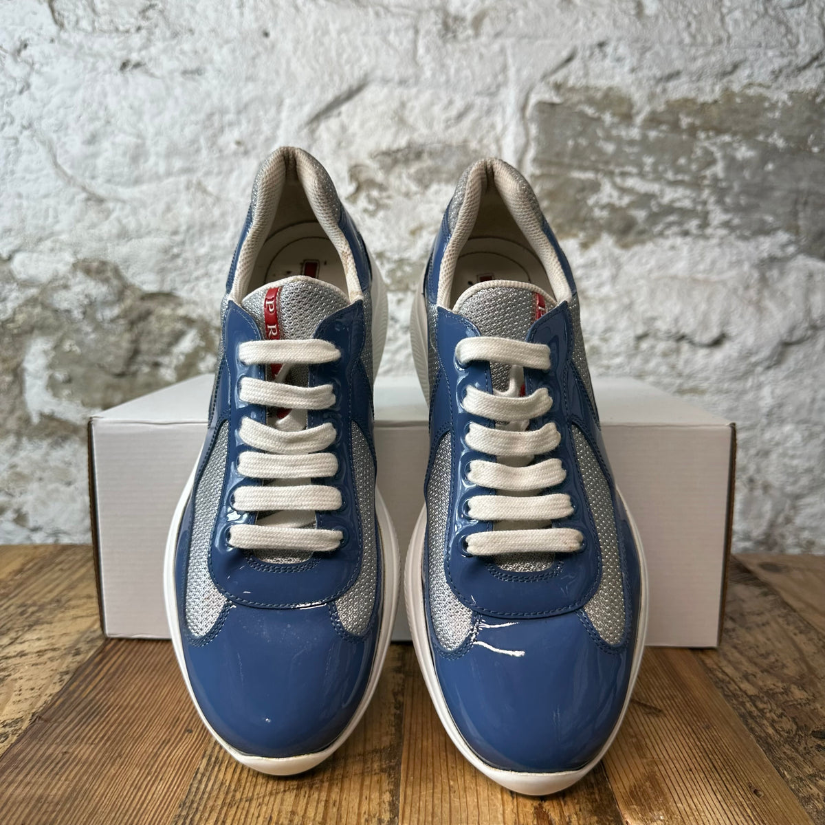 Prada Americas Cup Aviation Blue Patent Grey White Sneaker Sz 7