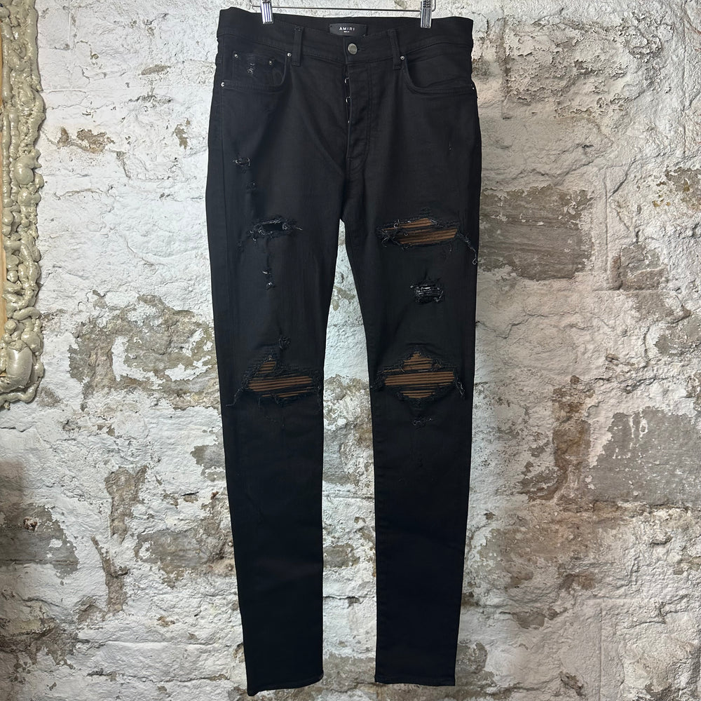 Amiri MX1 Brown Suede Black Denim Jeans Sz 34