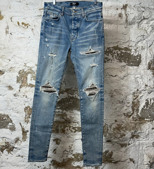 Amiri MX1 Grey Orange Plaid Blue Denim Jeans Sz 32