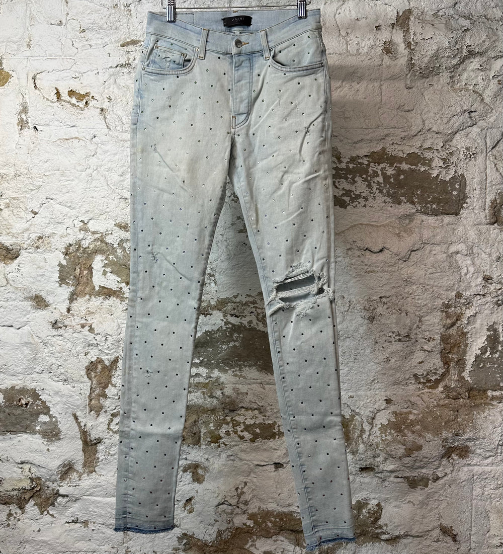 Amiri Gradient Rhinestone Lighwash Blue Denim Jeans Sz 29 (Stained)