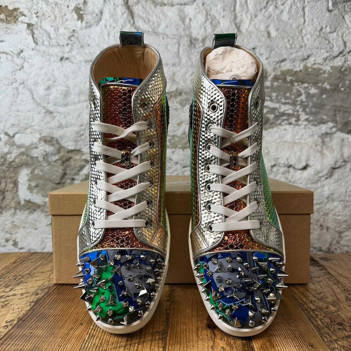 Christian Louboutin High Multicolor Holographic Spike Sneaker Sz 14 (47)