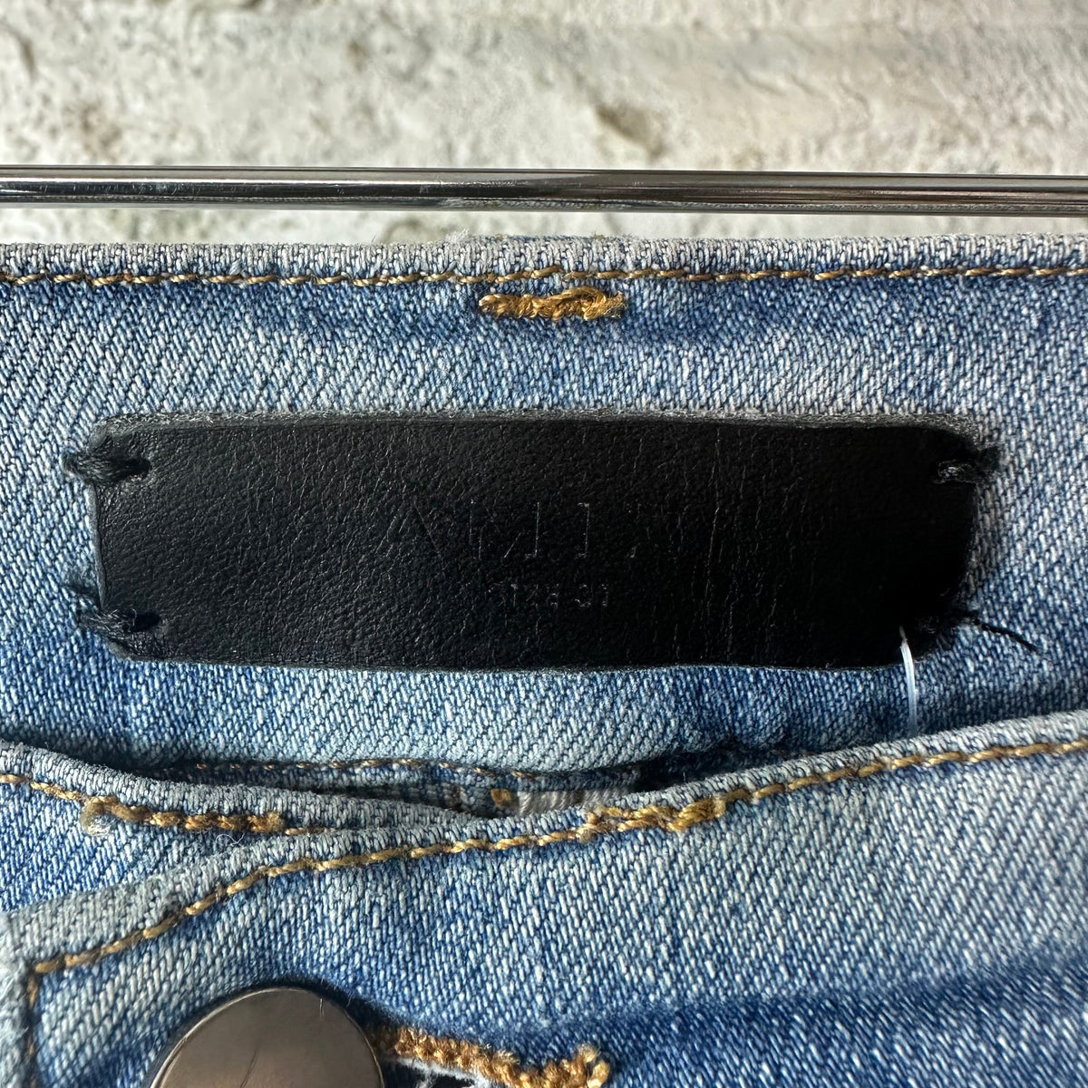 Amiri MX1 Black Leather Light Blue Denim Jeans Sz 31