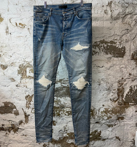 Amiri MX1 Cream Suede Blue Denim Jeans Sz 33