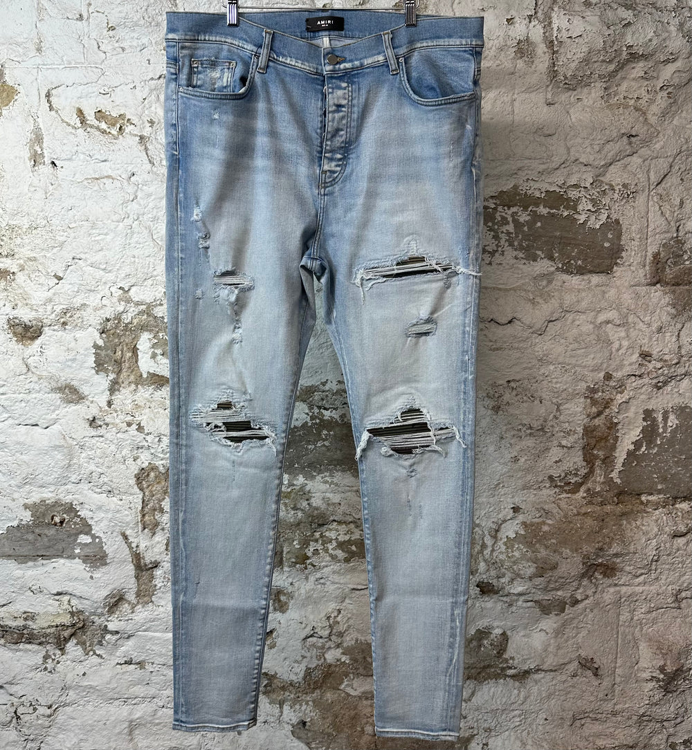 Amiri MX1 Camo Patch Light Blue Denim Jeans Sz 40
