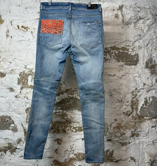 Amiri MX1 Orange Paisley Patches Blue Denim Jeans Sz 34