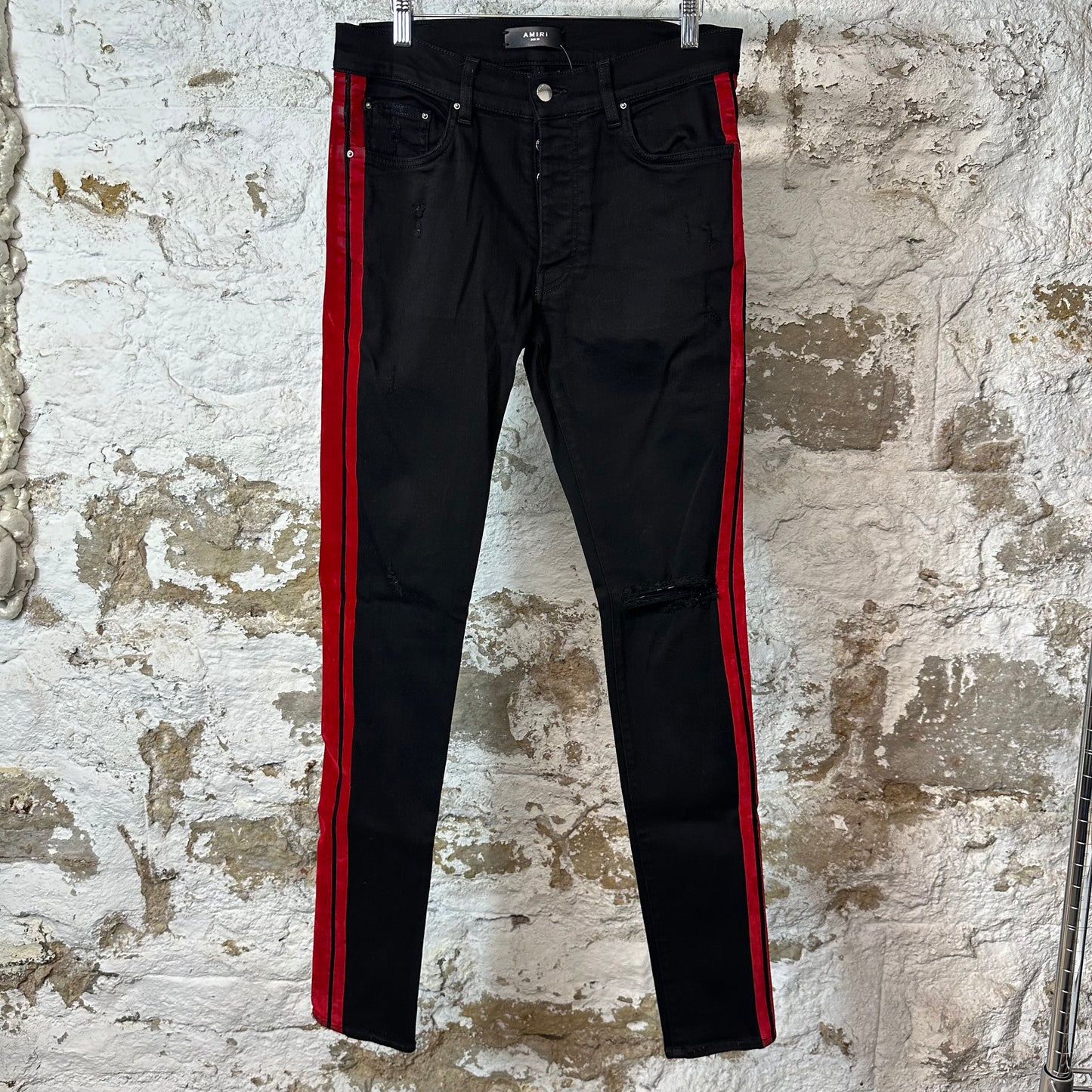 Amiri Red Velour Stripe Black Denim Jeans Sz 32