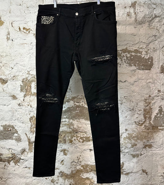 Amiri MX1 Cheetah Print Black Denim Jeans Sz 40