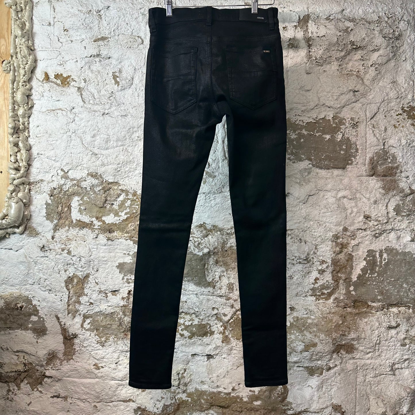 Amiri MX1 Black Leather Black Waxed Denim Jeans Sz 29