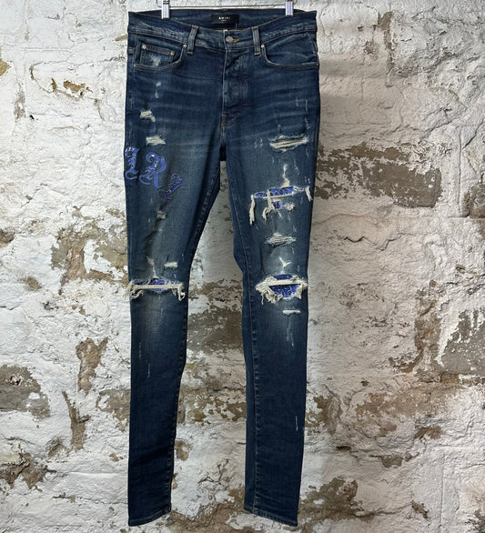 Amiri Purple Paisley Spell Dark Blue Denim Jeans Sz 32