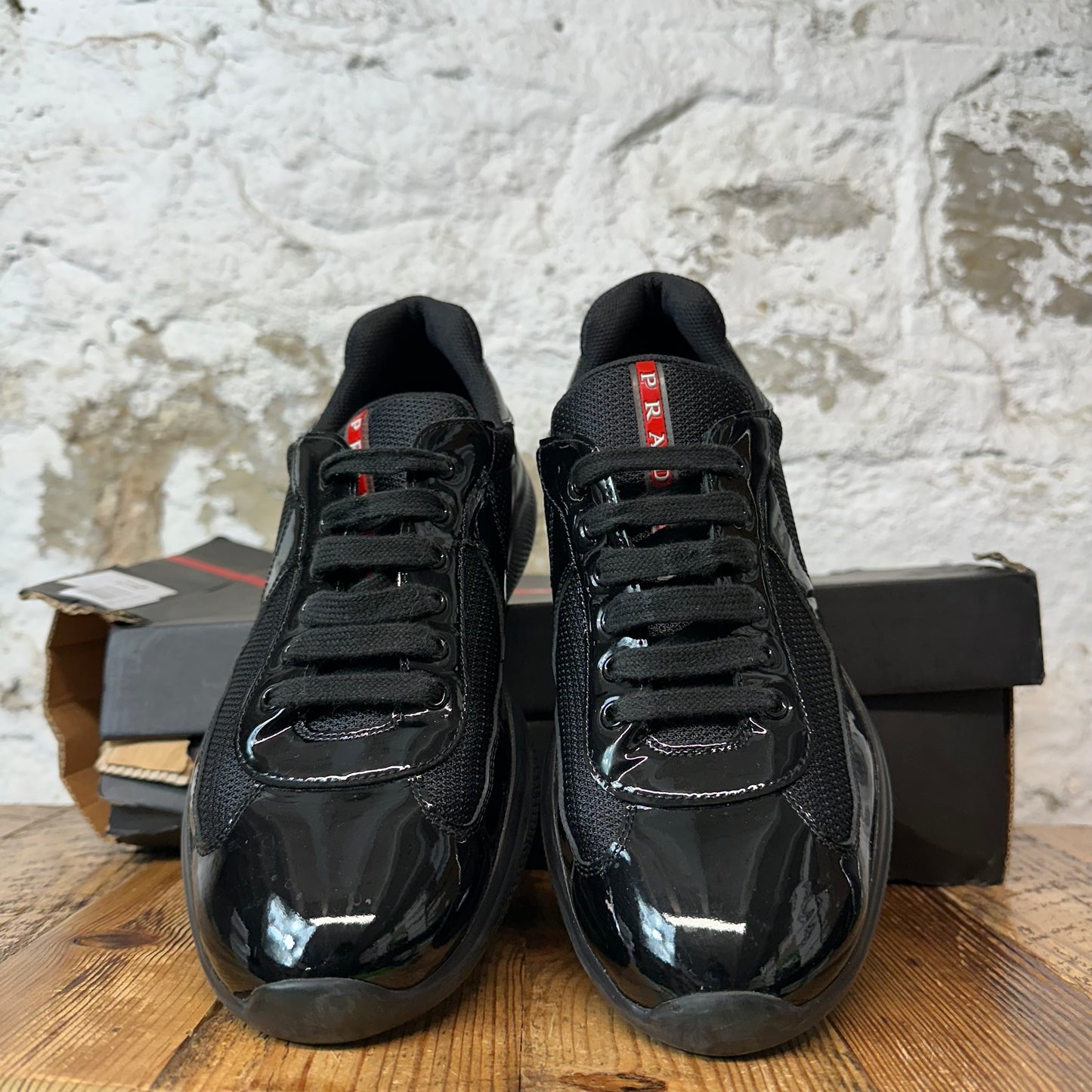 Prada Americas Cup Triple Black Patent Sneaker Sz 8