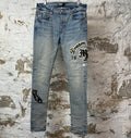 Amiri Felt Varsity Patch Blue Denim Jeans Sz 32