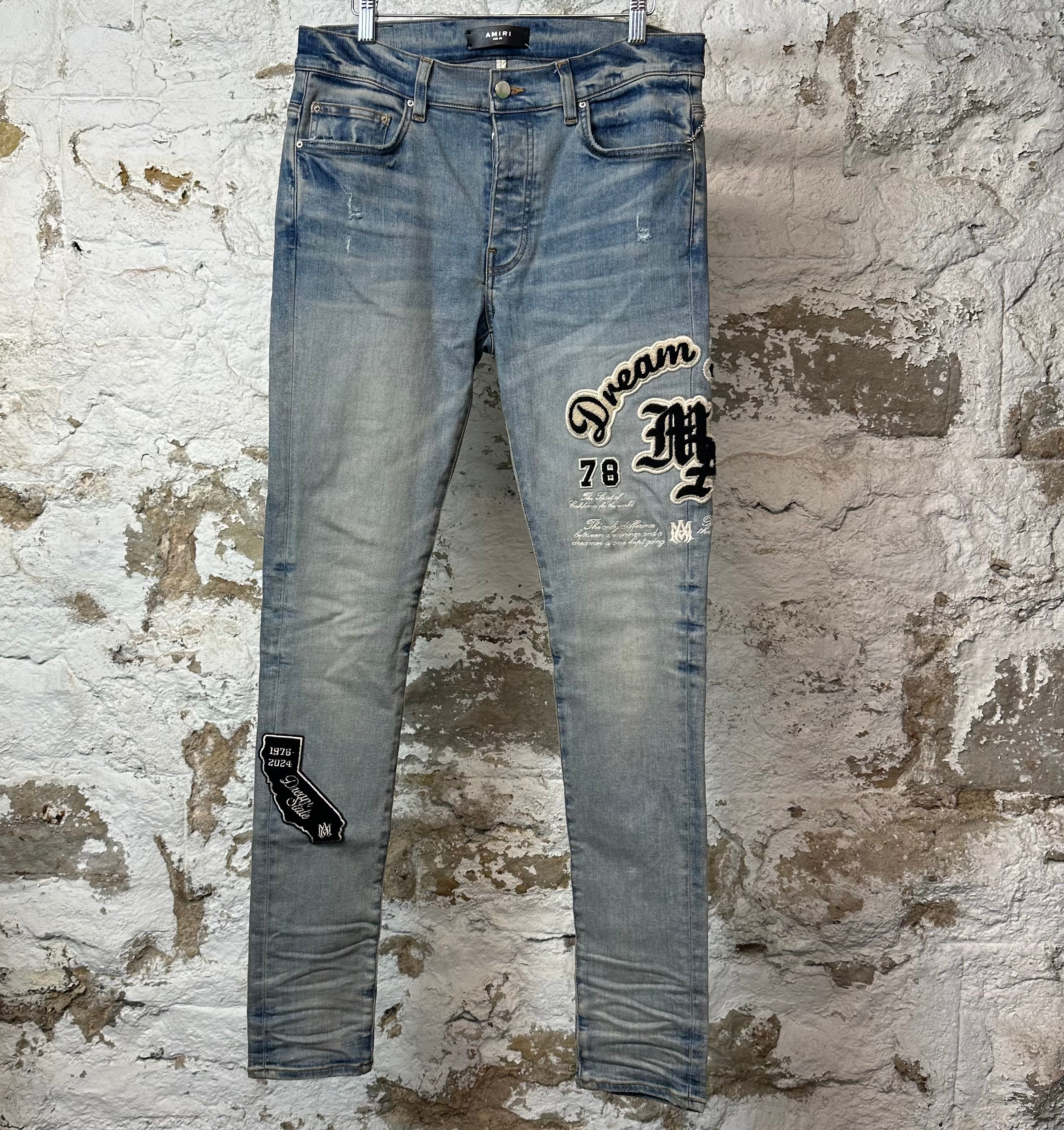 Amiri Felt Varsity Patch Blue Denim Jeans Sz 32