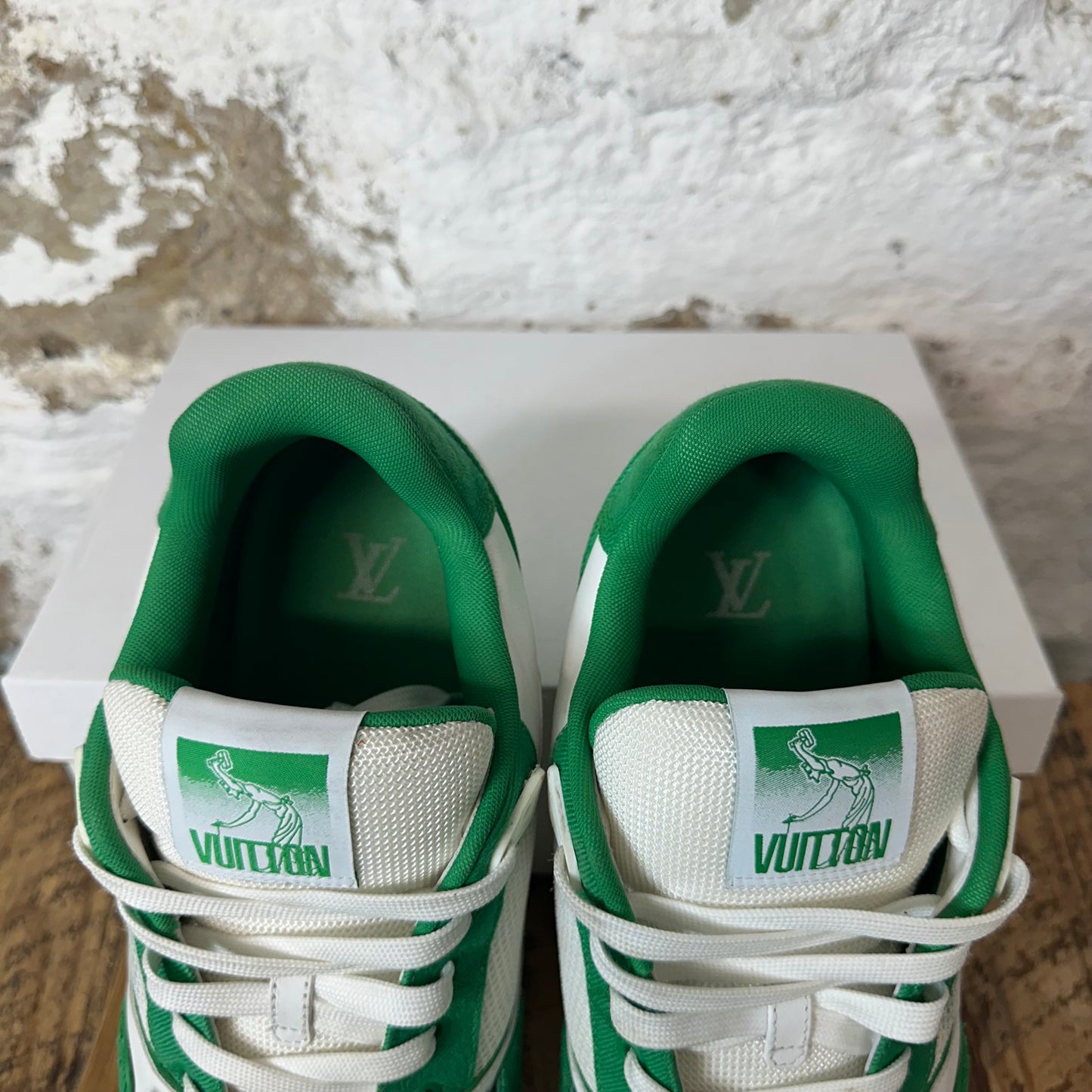 Louis Vuitton Green White Strap Trainer Sneaker Sz 11.5 (10LV) No Box