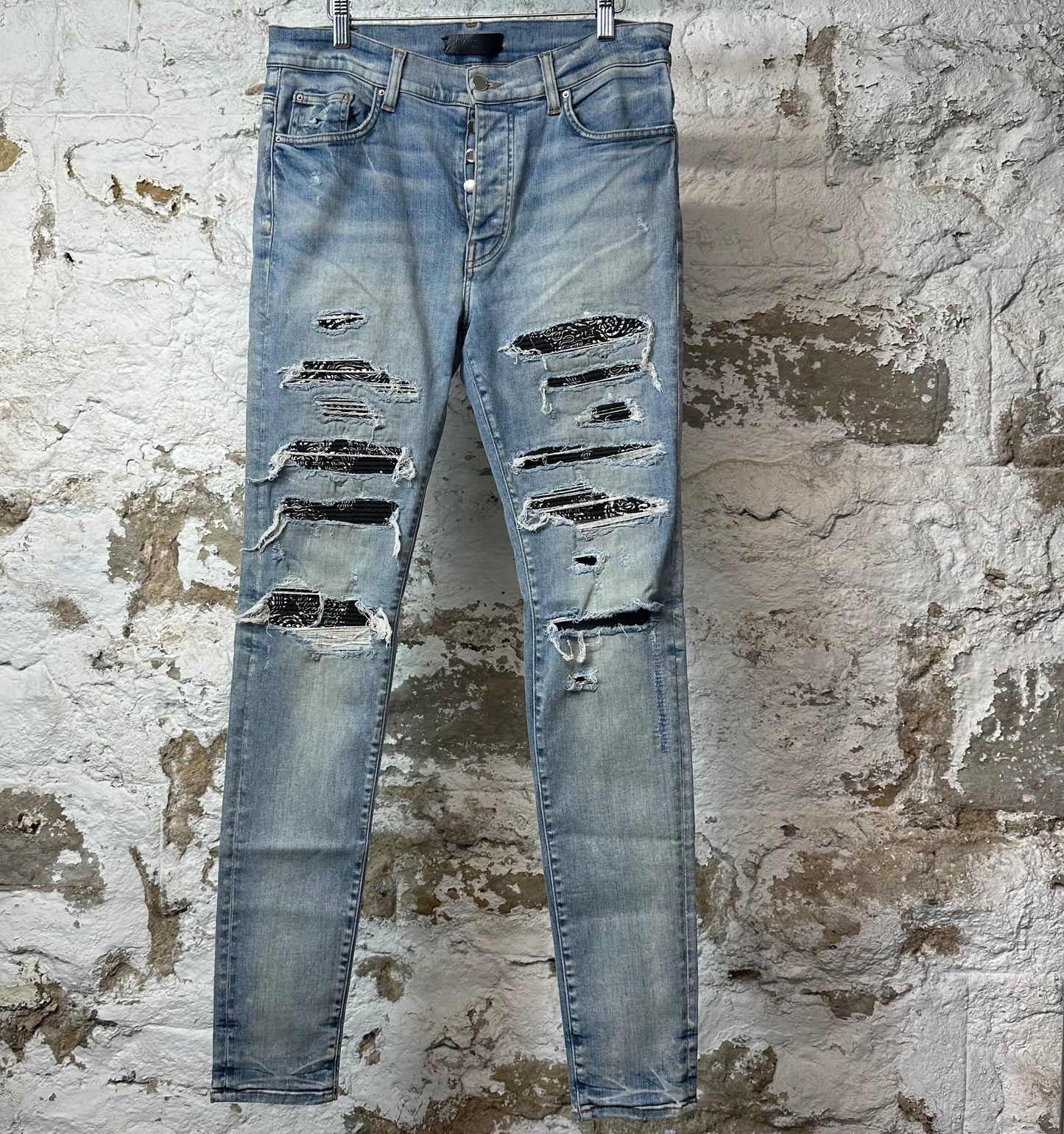 Amiri MX1 Black Paisley Blue Denim Jeans Sz 33