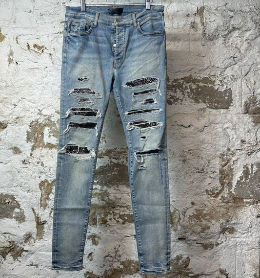Amiri MX1 Black Paisley Blue Denim Jeans Sz 33