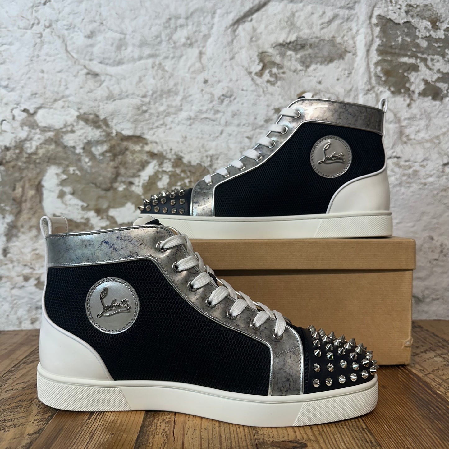 Christian Louboutin High Black Mesh Grey White Sneaker Sz 9 (42)