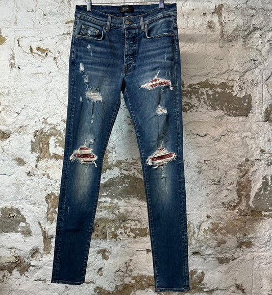 Amiri MX1 Red Paisley Dark Blue Denim Jeans Sz 32