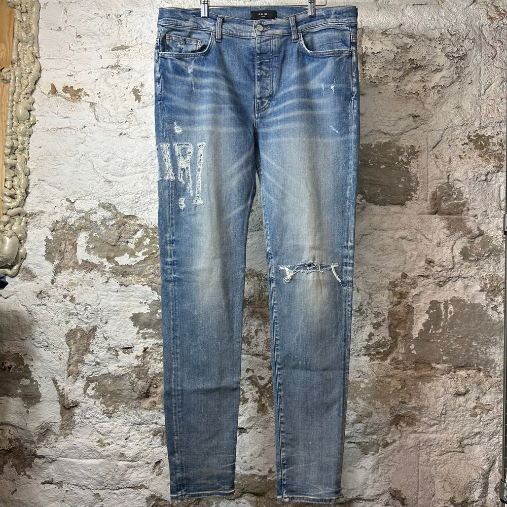 Amiri Distressed Side Spell Blue Denim Jeans Sz 38