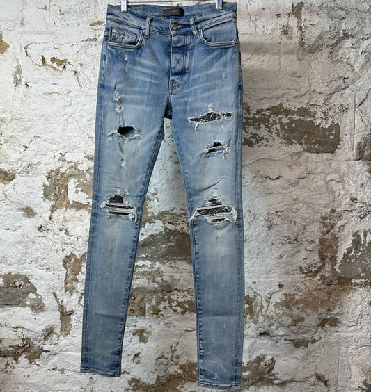 Amiri MX1 Black Paisley Blue Denim Jeans Sz 29