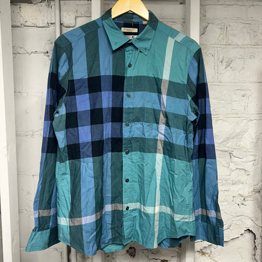 Burbery Blue Plaid Button Up Long Sleeve T-Shirt Sz L