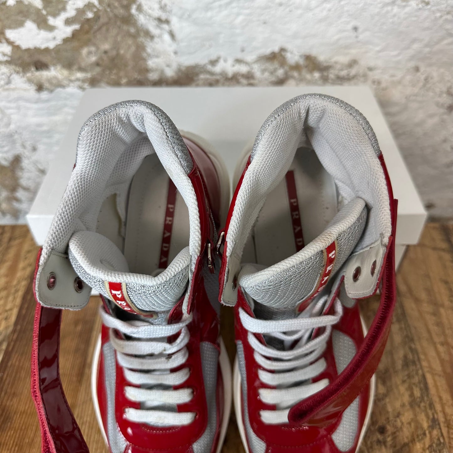 Prada Americas Cup High Red Patent Gray Sneaker Sz 8 No Box