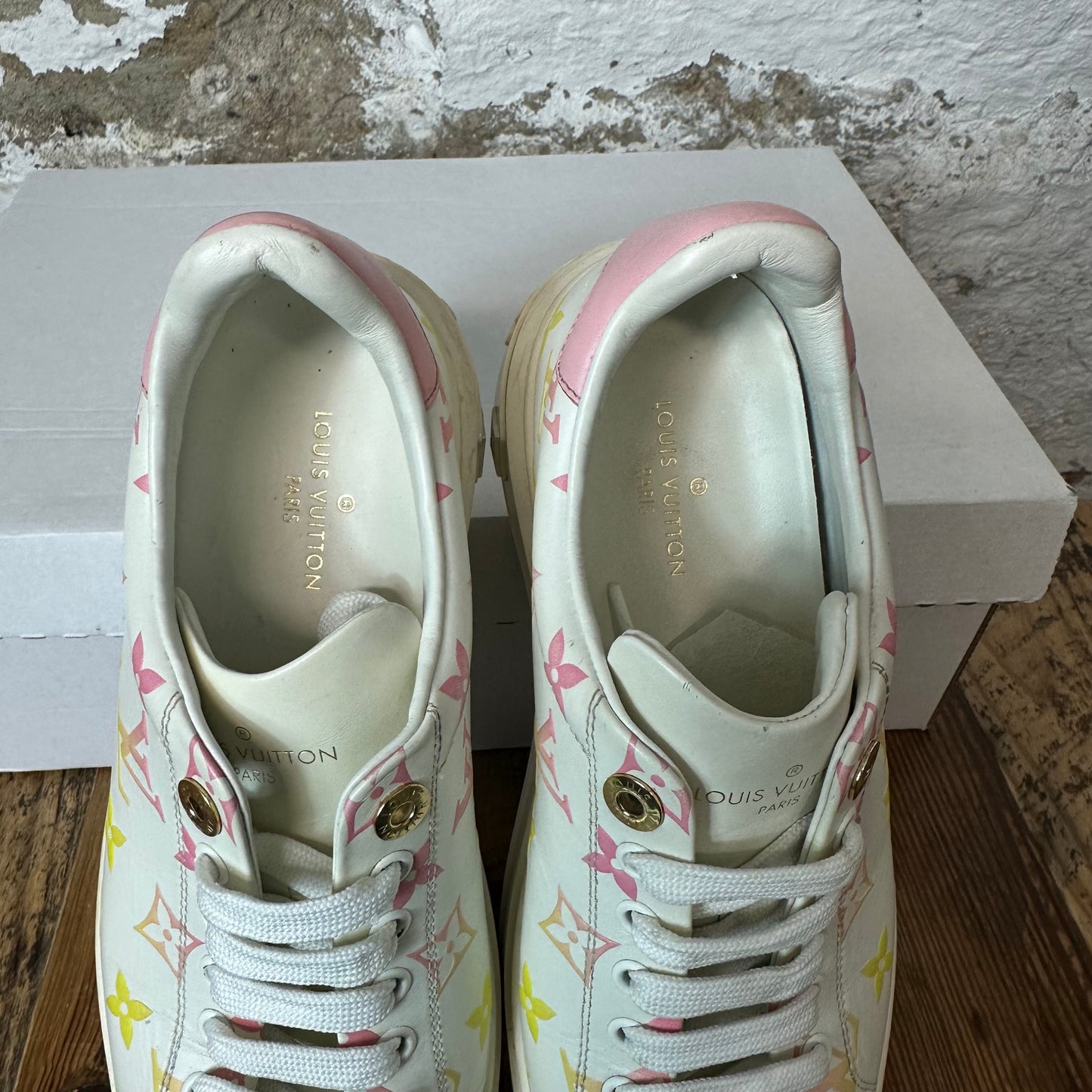 Louis Vuitton Pink Yellow Monongram Time Out White Sneaker Sz 6 (38)