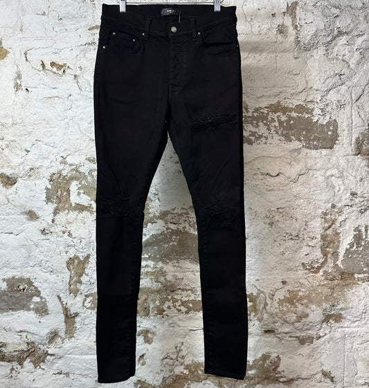 Amiri MX1 Black Leather Black Denim Jeans Sz 32