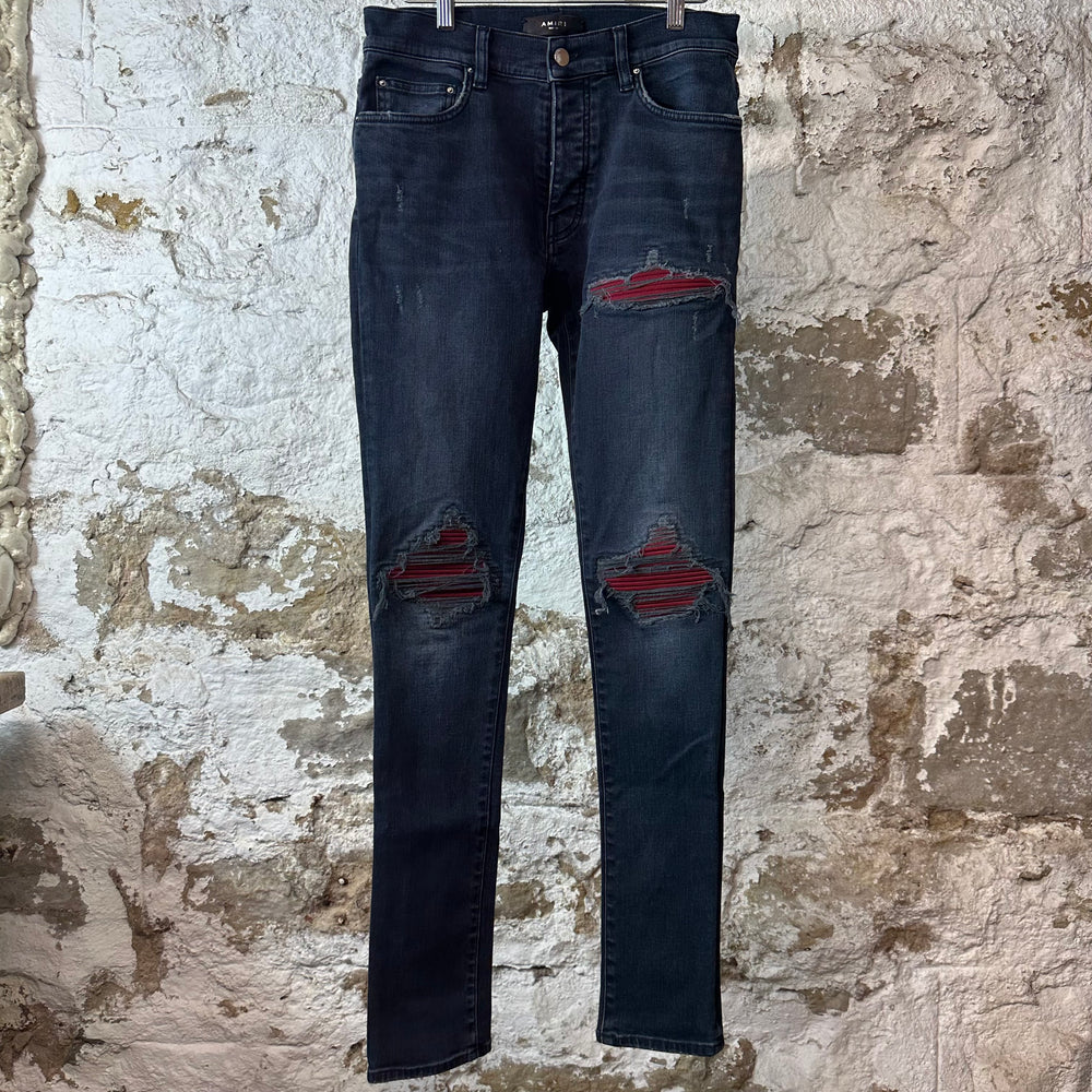Amiri MX1 Red Suede Faded Black Denim Jeans Sz 29