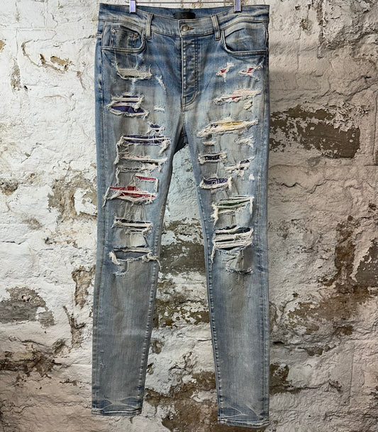 Amiri Multicolor Paisley Blue Denim Jeans Sz 36