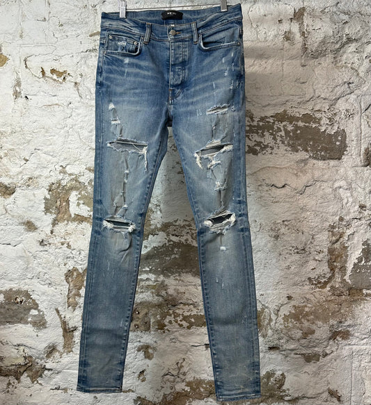 Amiri Plain Blue Distressed Denim Jeans Sz 31