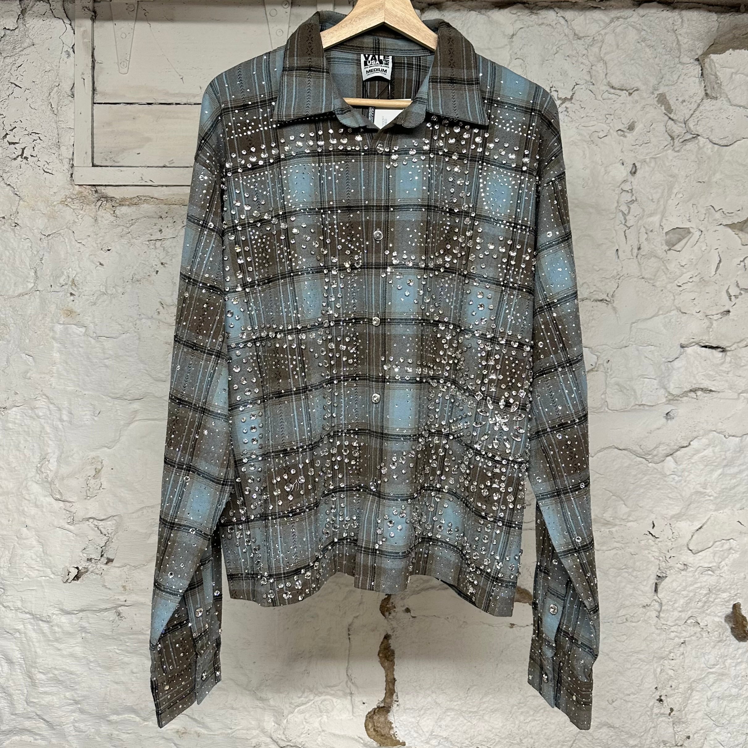 Vale Rhinestones Light Blue Brown Flannel Sz M