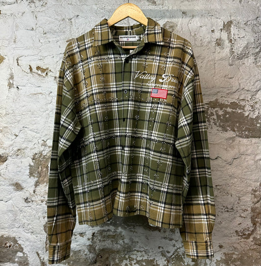 Vale Green Plaid Rhinestone Button Up Flannel Sz XL