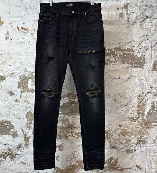 Amiri MX1 Camo Patch Black Denim Jeans Sz 34