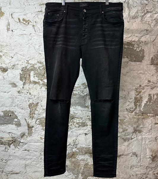 Amiri Knee Rip Plain Faded Black Denim Jeans Sz 38