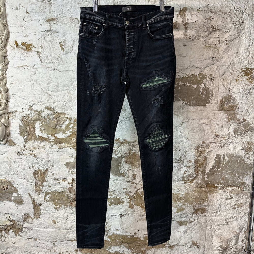 Amiri MX1 Green Suede Black Denim Jeans Sz 32