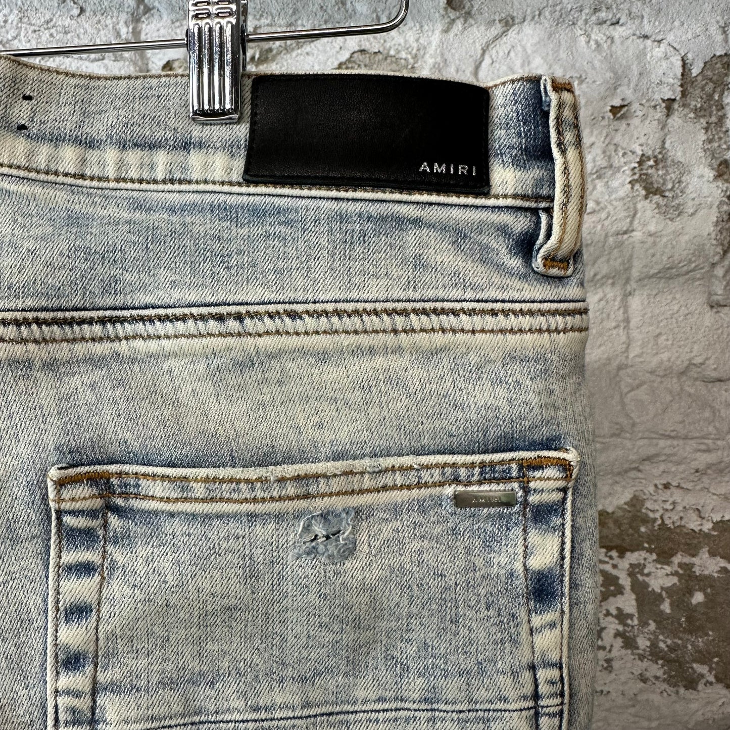 Amiri MX1 Black Leather Washed Blue Denim Jeans Sz 32