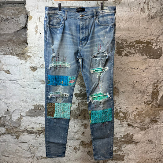 Amiri Quilted Patches Blue Denim Jeans Sz 38