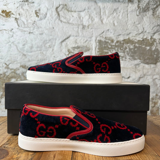 Gucci Red GG Monogram Navy Velour Slip On Sneaker Sz 6 DS