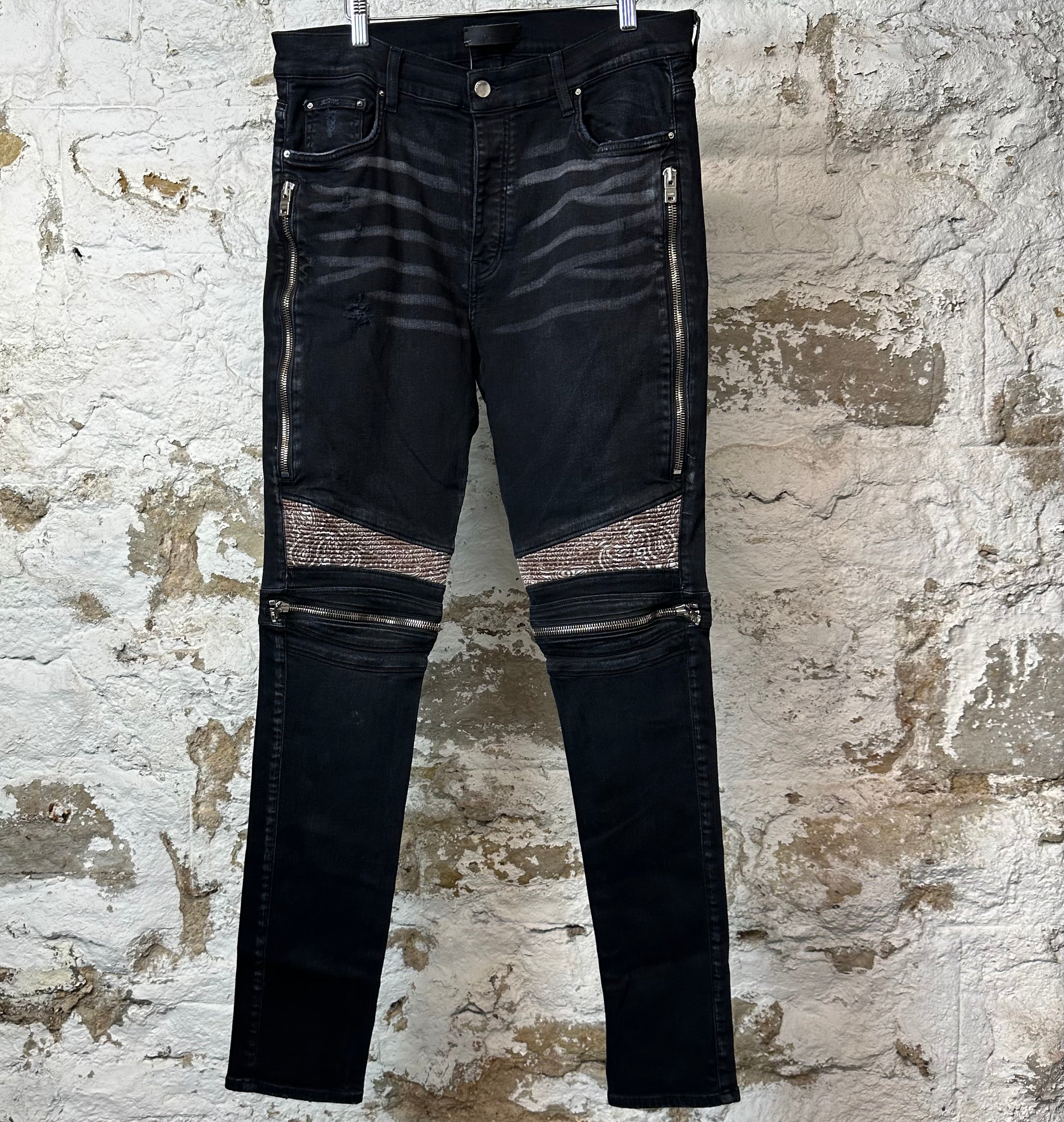 Amiri MX2 Brown Paisley Black Denim Jeans Sz 36