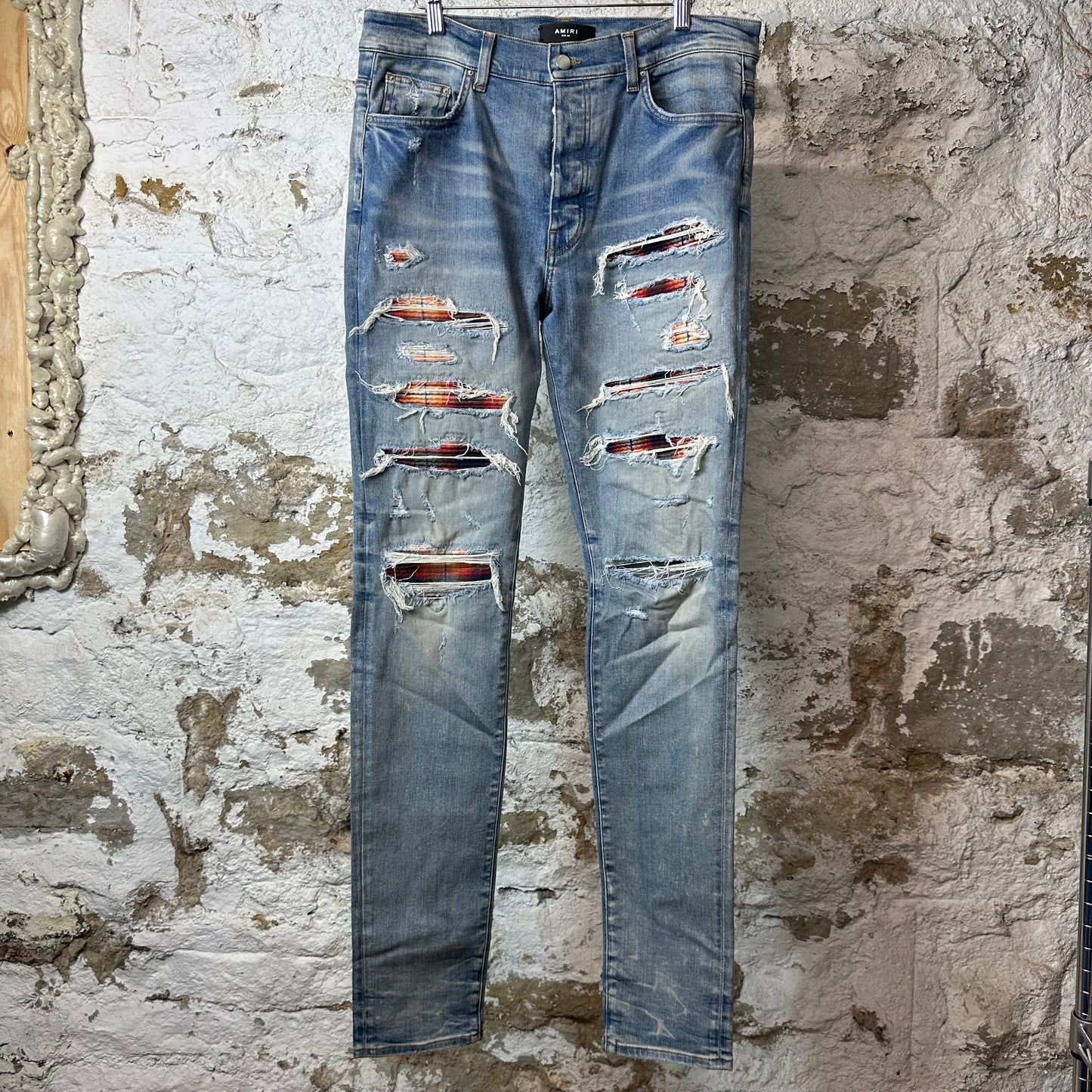 Amiri MX1 Multicolor Flannel Thrasher Blue Denim Jeans Sz 34