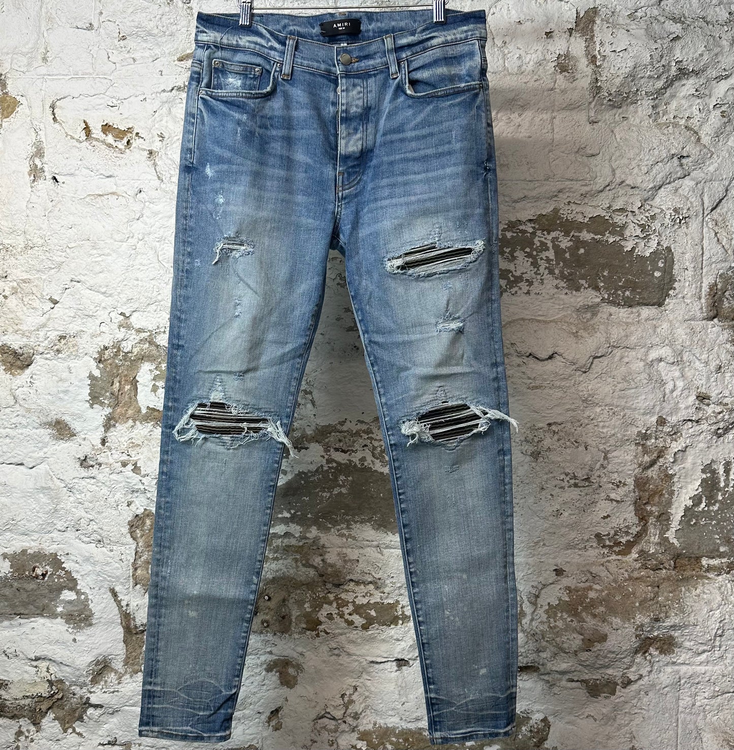 Amiri MX1 Camo Patch Blue Denim Jeans Sz 33